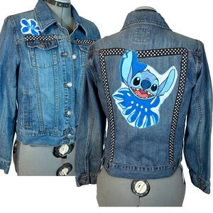 Old Navy‎ Blue Denim Jacket with Hand Crafted Lilo & Stitch Appliqué women's M-L